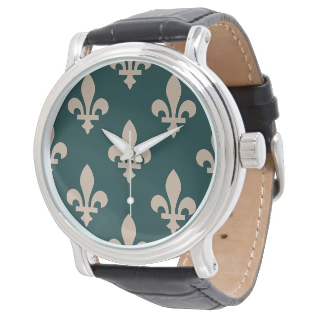 Fleur de Lis Pattern, Royal French Cream on Green Watch (Angled)