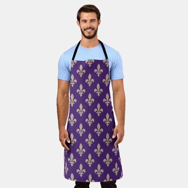 Fleur de Lis Pattern, Royal French Cream on Purple Apron (Worn)