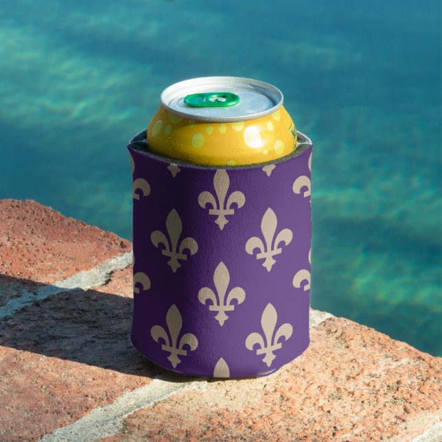 Fleur de Lis Pattern, Royal French Cream on Purple Can Cooler (In Situ Pool)