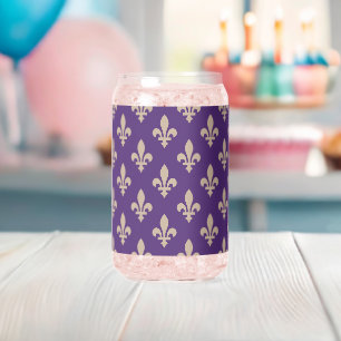 Fleur de Lis Pattern, Royal French Cream on Purple Can Glass
