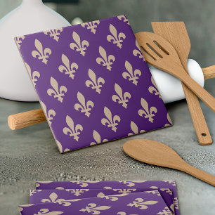 Fleur de Lis Pattern, Royal French Cream on Purple Ceramic Tile