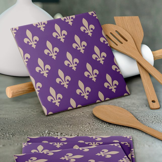 Fleur de Lis Pattern, Royal French Cream on Purple Ceramic Tile (Creator Uploaded)