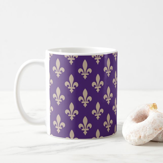 Fleur de Lis Pattern, Royal French Cream on Purple Coffee Mug (With Donut)