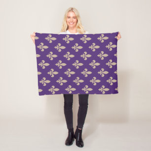 Fleur de Lis Pattern, Royal French Cream on Purple Fleece Blanket