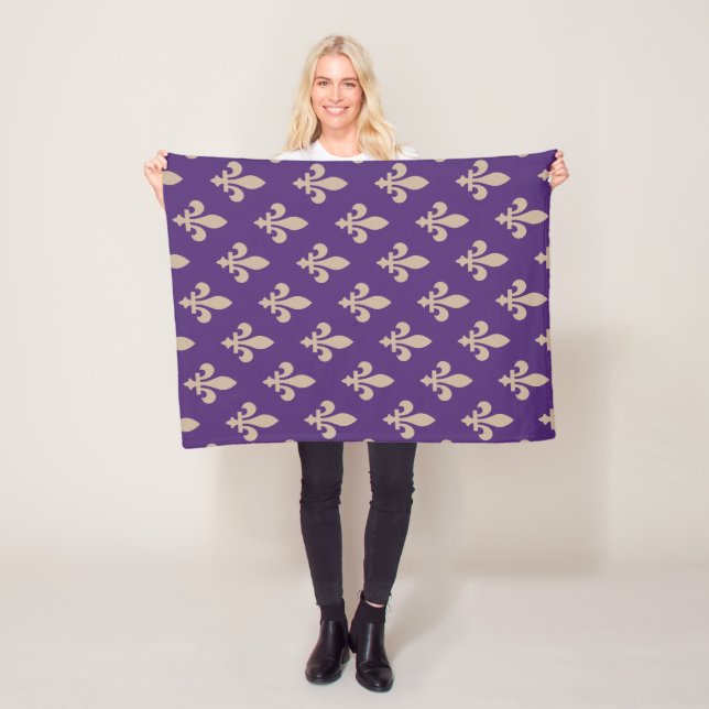 Fleur de Lis Pattern, Royal French Cream on Purple Fleece Blanket (In Situ)