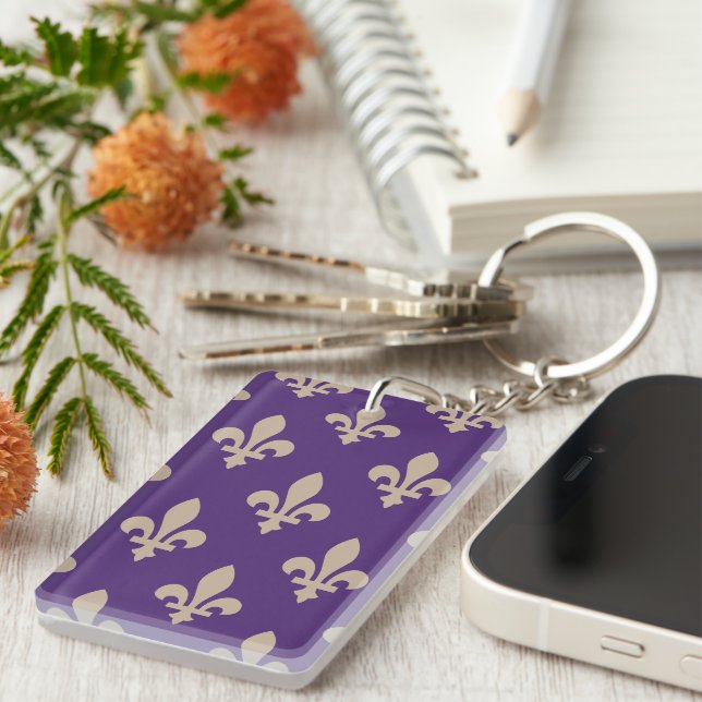 Fleur de Lis Pattern, Royal French Cream on Purple Key Ring (Front Right)