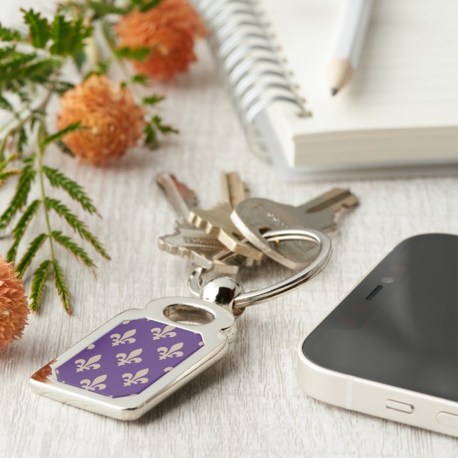 Fleur de Lis Pattern, Royal French Cream on Purple Key Ring (Side)