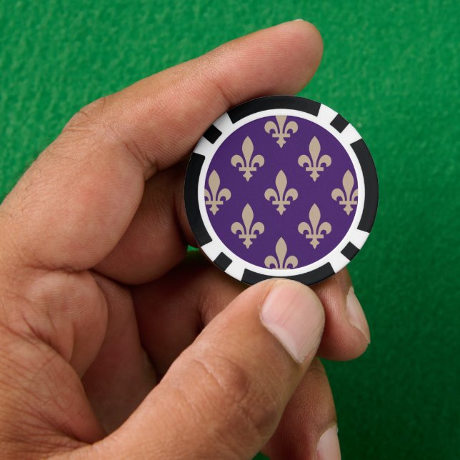 Fleur de Lis Pattern, Royal French Cream on Purple Poker Chips (Hand)