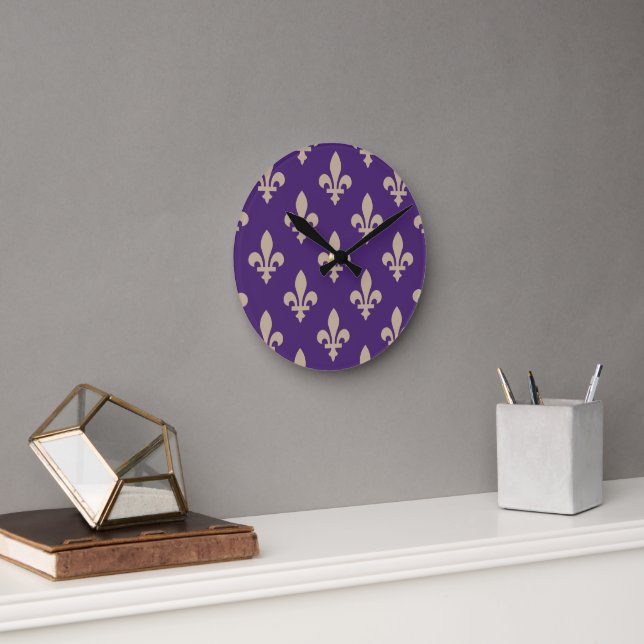 Fleur de Lis Pattern, Royal French Cream on Purple Round Clock (Office)