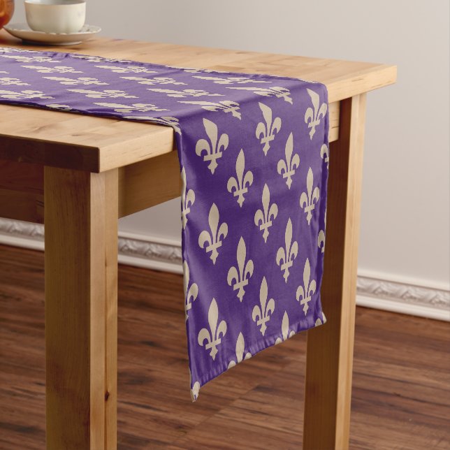 Fleur de Lis Pattern, Royal French Cream on Purple Short Table Runner (In Situ)