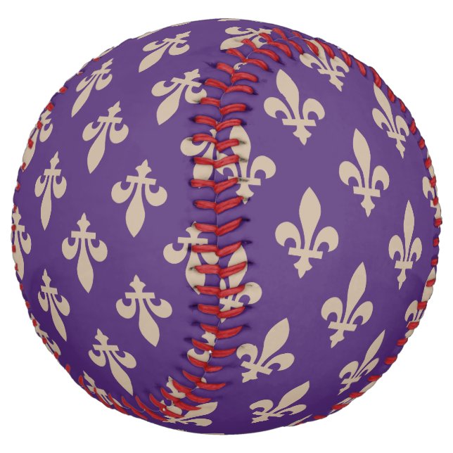 Fleur de Lis Pattern, Royal French Cream on Purple Softball (Angled)
