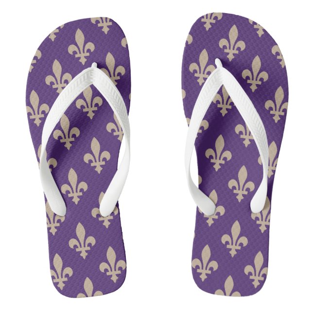 Fleur de Lis Pattern, Royal French Cream on Purple Thongs (Footbed)