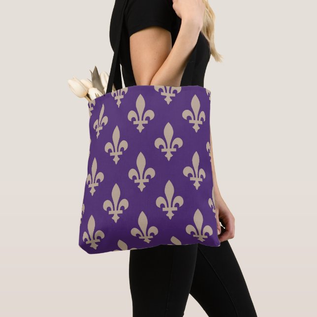 Fleur de Lis Pattern, Royal French Cream on Purple Tote Bag (Close Up)