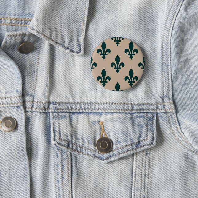 Fleur de Lis Pattern, Royal French Green on Cream 6 Cm Round Badge (In Situ)