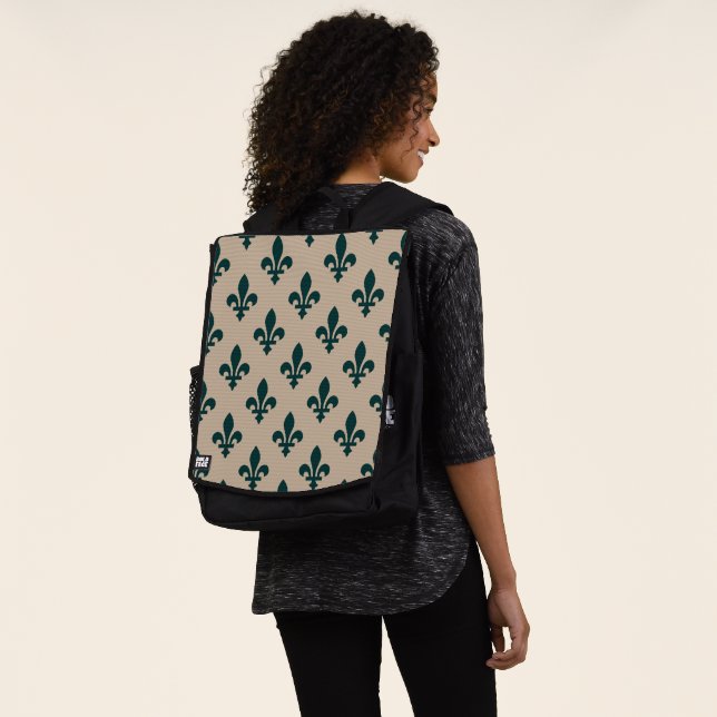 Fleur de Lis Pattern, Royal French Green on Cream Backpack (Worn)