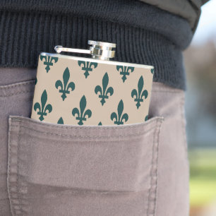 Fleur de Lis Pattern, Royal French Green on Cream Hip Flask