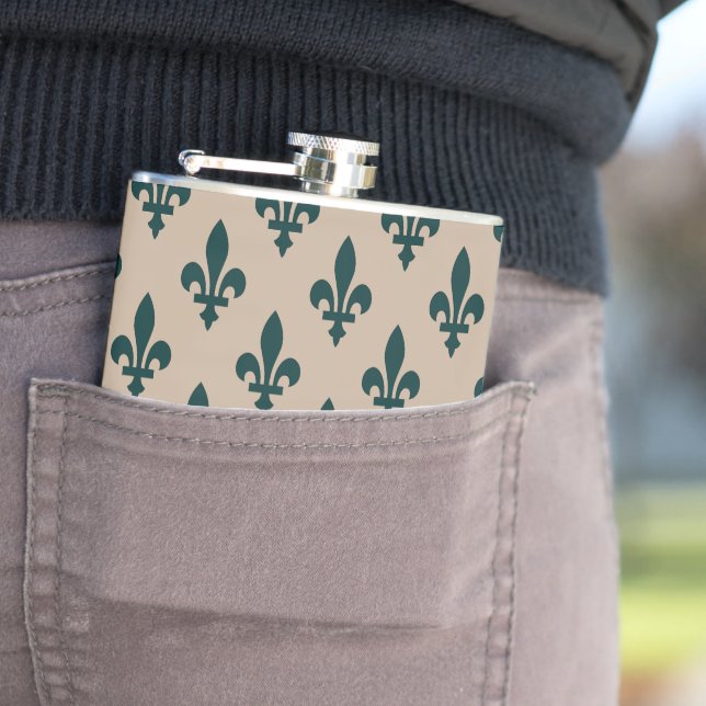 Fleur de Lis Pattern, Royal French Green on Cream Hip Flask (In Situ)