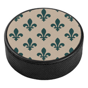 Fleur de Lis Pattern, Royal French Green on Cream Hockey Puck