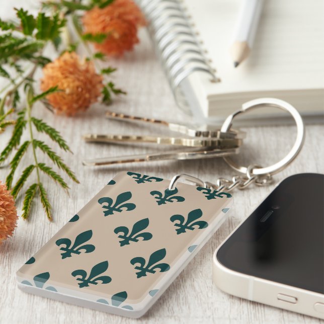 Fleur de Lis Pattern, Royal French Green on Cream Key Ring (Front Right)