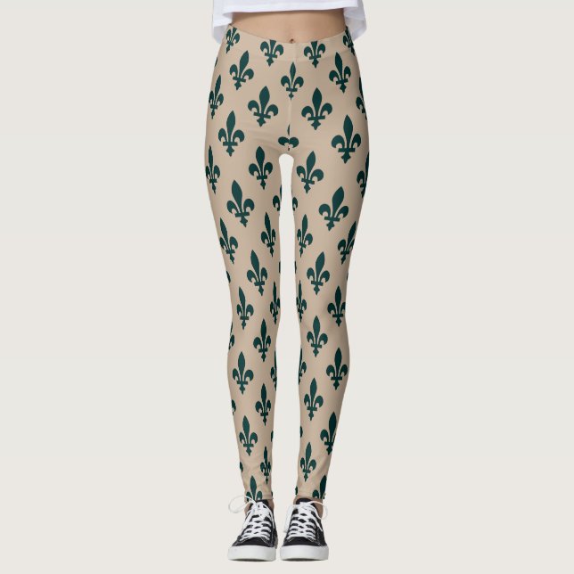 Fleur de Lis Pattern, Royal French Green on Cream Leggings (Front)
