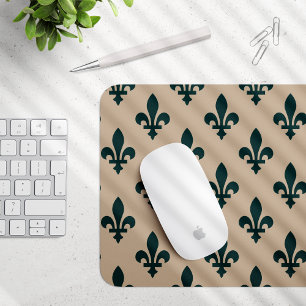 Fleur de Lis Pattern, Royal French Green on Cream Mouse Pad