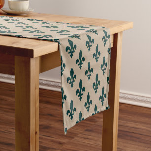 Fleur de Lis Pattern, Royal French Green on Cream Short Table Runner
