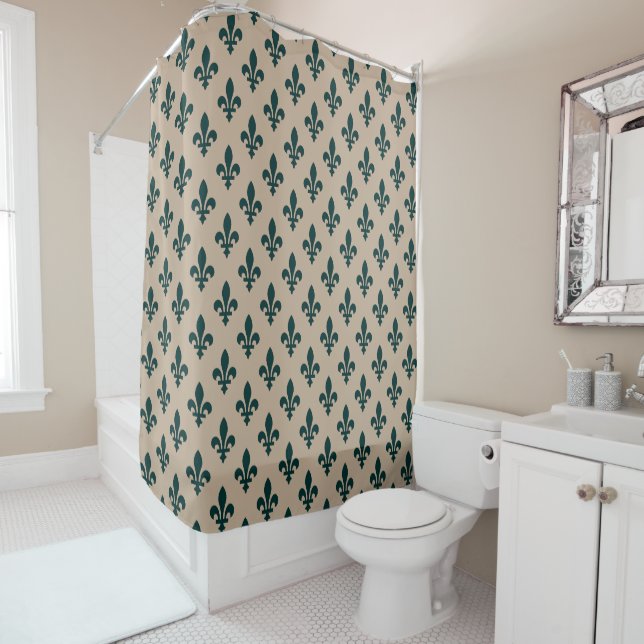 Fleur de Lis Pattern, Royal French Green on Cream Shower Curtain (In Situ)