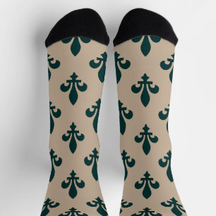 Fleur de Lis Pattern, Royal French Green on Cream Socks