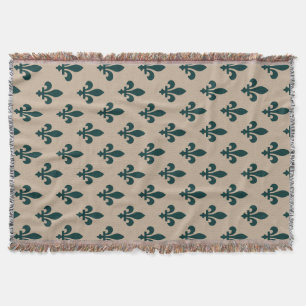 Fleur de Lis Pattern, Royal French Green on Cream Throw Blanket