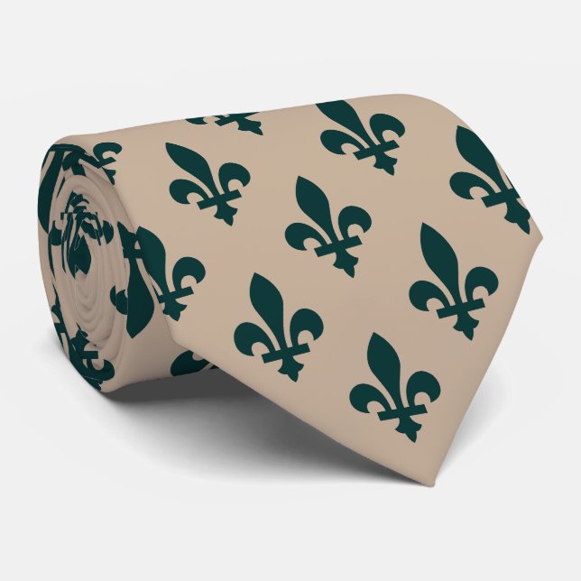 Fleur de Lis Pattern, Royal French Green on Cream Tie (Rolled)