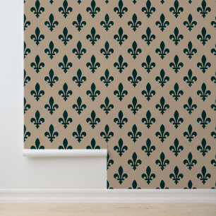 Fleur de Lis Pattern, Royal French Green on Cream Wallpaper