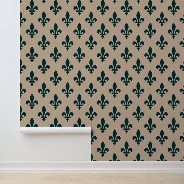 Fleur de Lis Pattern, Royal French Green on Cream Wallpaper (Application)
