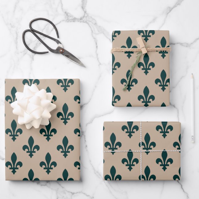 Fleur de Lis Pattern, Royal French Green on Cream Wrapping Paper Sheet (Front)