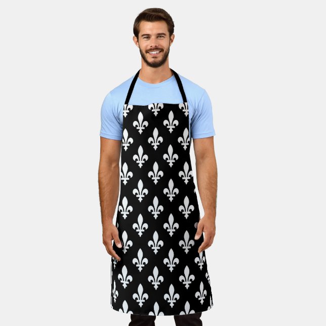 Fleur de Lis Pattern, Royal French, White on Black Apron (Worn)
