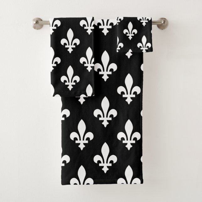 Fleur de Lis Pattern, Royal French, White on Black Bath Towel Set (Insitu)