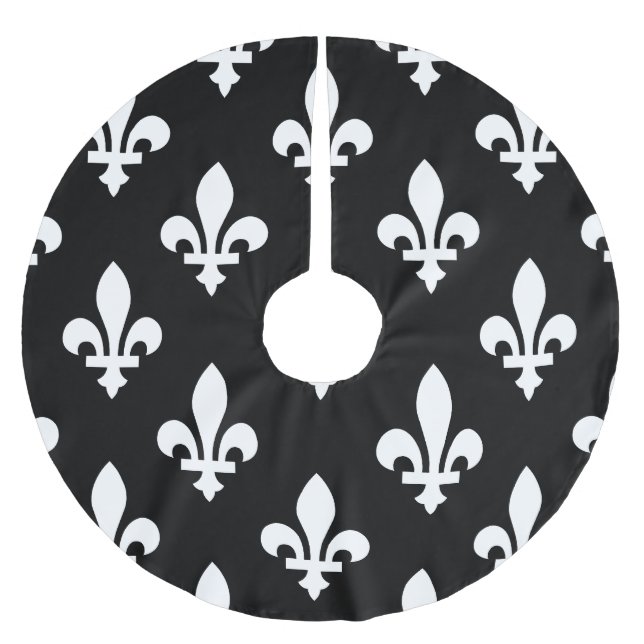 Fleur de Lis Pattern, Royal French, White on Black Brushed Polyester Tree Skirt (Front)