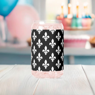 Fleur de Lis Pattern, Royal French, White on Black Can Glass