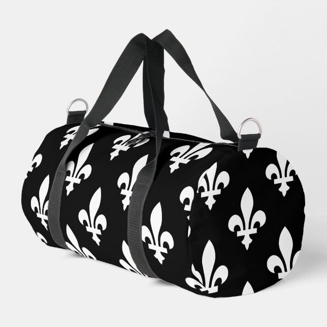 Fleur de Lis Pattern, Royal French, White on Black Duffle Bag (Left Corner)