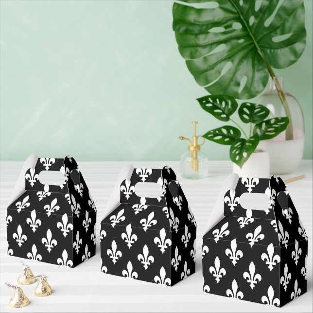 Fleur de Lis Pattern, Royal French, White on Black Favour Box (Multiple)