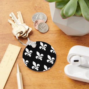 Fleur de Lis Pattern, Royal French, White on Black Key Ring