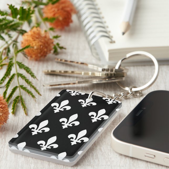 Fleur de Lis Pattern, Royal French, White on Black Key Ring (Front Right)