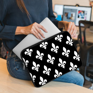 Fleur de Lis Pattern, Royal French, White on Black Laptop Sleeve