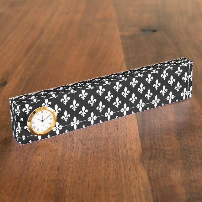Fleur de Lis Pattern, Royal French, White on Black Nameplate (Side)