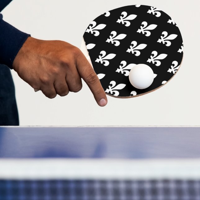 Fleur de Lis Pattern, Royal French, White on Black Ping Pong Paddle (Insitu)