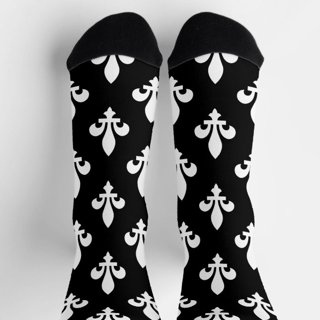 Fleur de Lis Pattern, Royal French, White on Black Socks (Top)