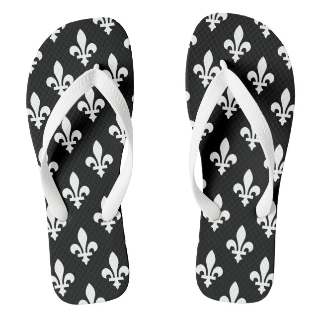 Fleur de Lis Pattern, Royal French, White on Black Thongs (Footbed)