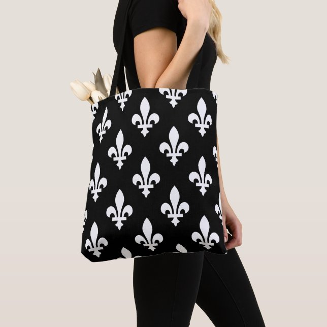 Fleur de Lis Pattern, Royal French, White on Black Tote Bag (Close Up)
