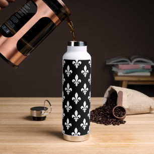 Fleur de Lis Pattern, Royal French, White on Black Water Bottle