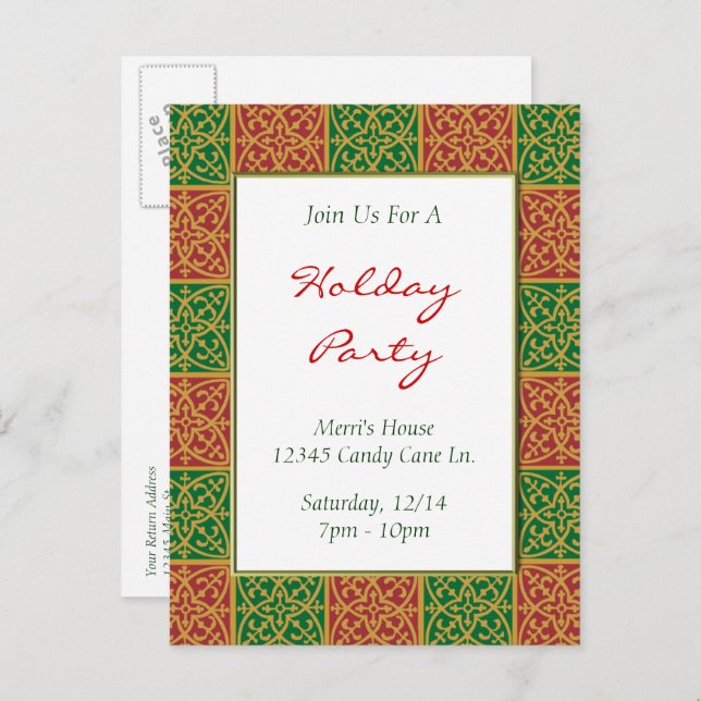 Fleur de Lis Red Green Custom Holiday Invitation Postcard (Front/Back)