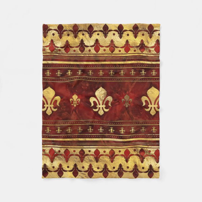 Fleur-de-lis Red Marble and Gold Fleece Blanket (Front)